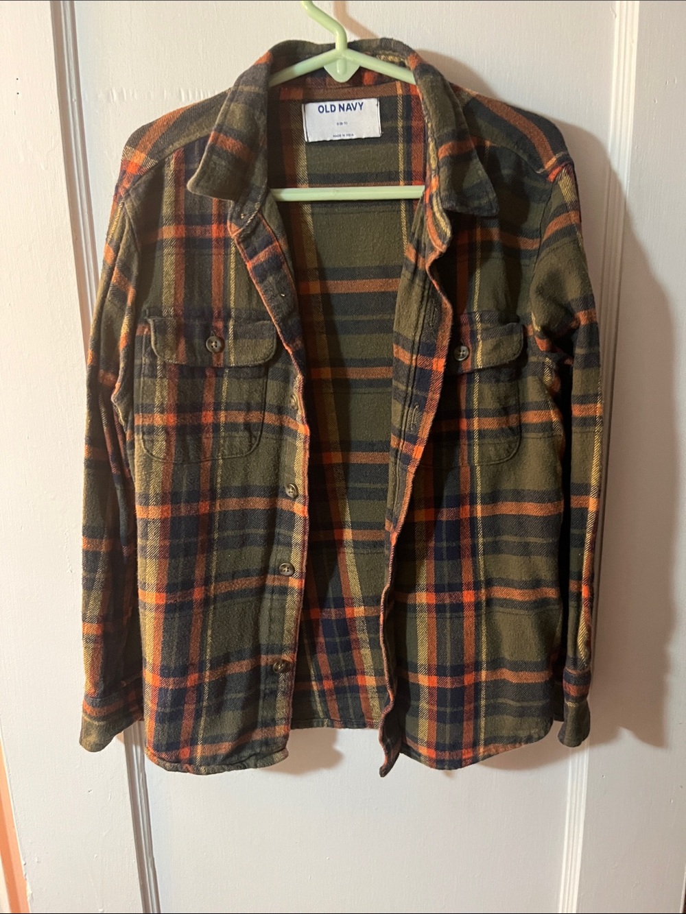 Old Navy Olive Green Plaid Shirt Jacket with Orange and Navy